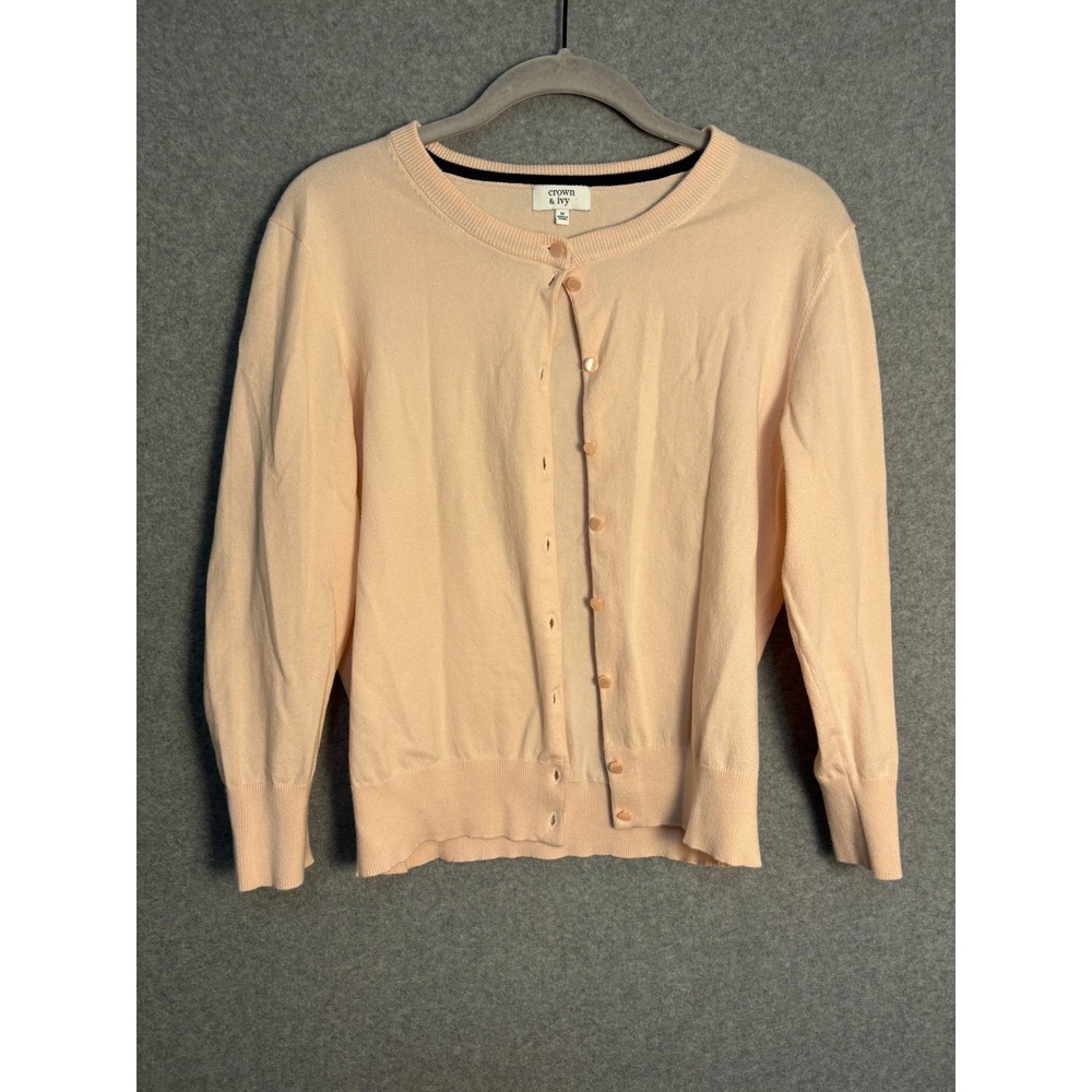 Crown & Ivy Pink Cardigan Sweater Women's M Soft Cotton Blend‎ Preppy Coquette
